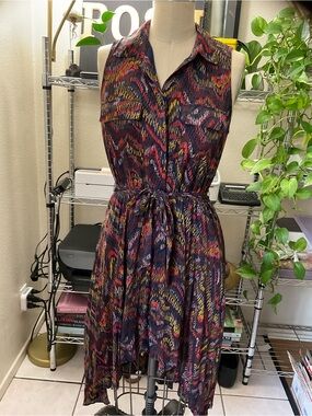 Greylin Sleeveless Shirt Dress in Navy with Red and Yellow Accents
